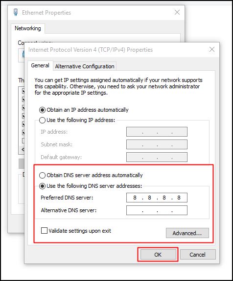 Remplissez les adresses des serveurs DNS et cliquez sur Ok