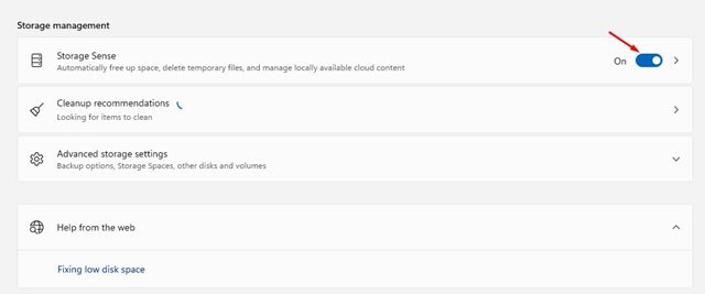 activer l'option Storage Sense