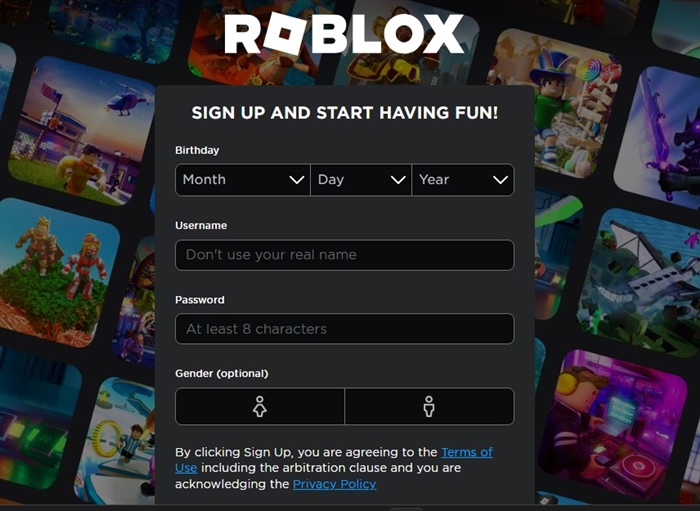 Page d'inscription au compte Roblox