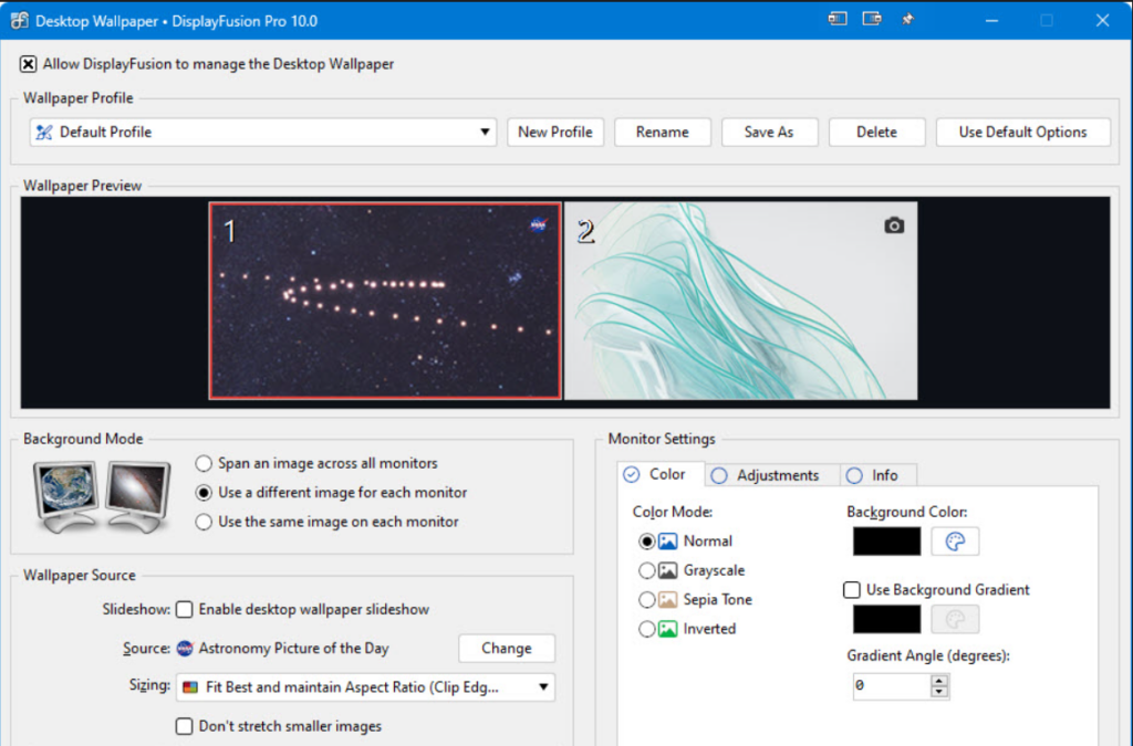 capture d'écran des paramètres du site Web Displayfusion