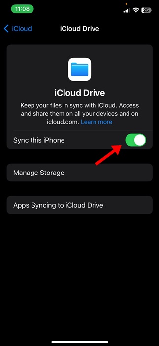 désactivez la bascule à côté du lecteur iCloud