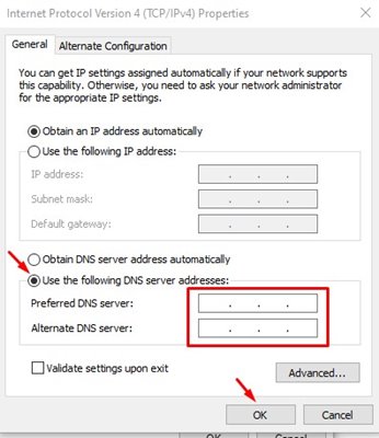 Utilisez les adresses de serveur DNS suivantes