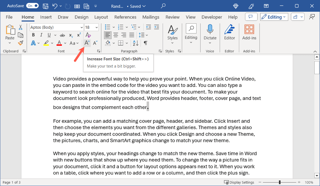 augmenter la taille de la police dans Microsoft Word