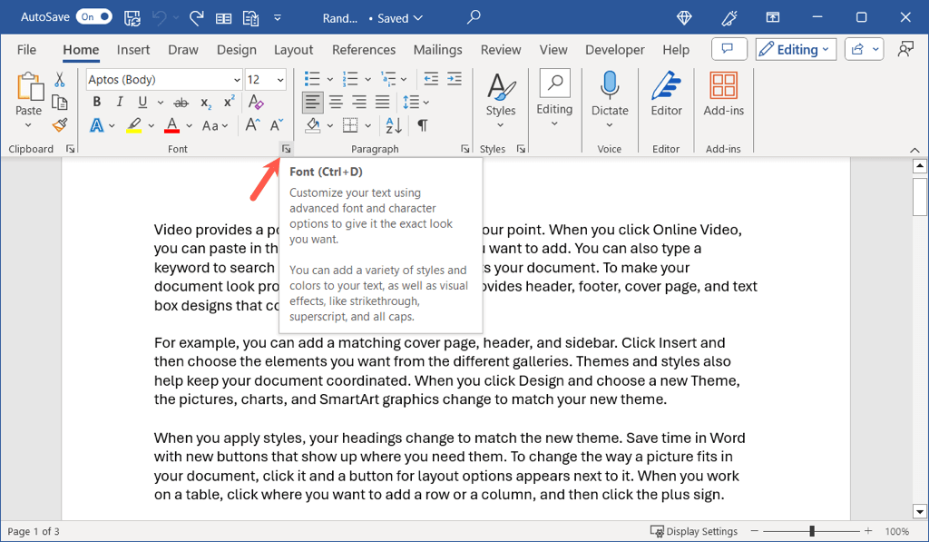 ouvrir la boîte de dialogue des polices dans Microsoft Word