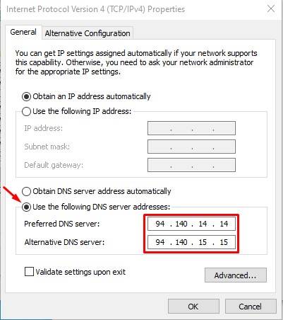 Entrez l'adresse du serveur DNS