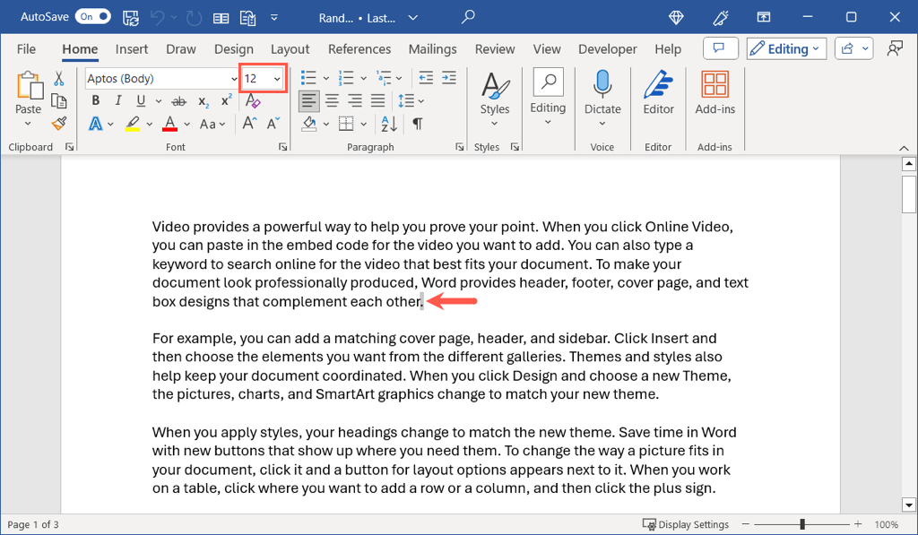 sélectionner une taille de police dans Microsoft Word