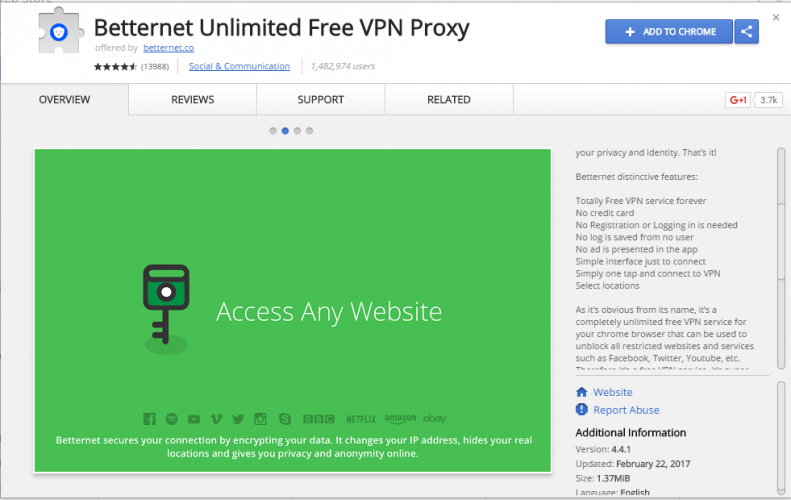 Proxy VPN gratuit et illimité Betternet