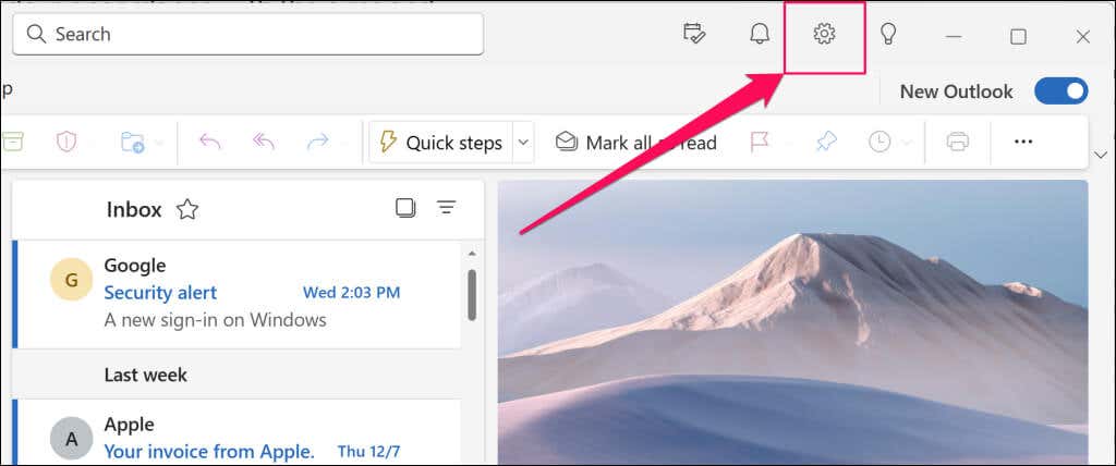 icône d'engrenage dans Outlook sous Windows