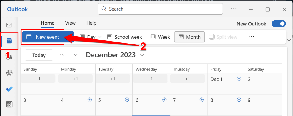 nouveau bouton d'événement dans le calendrier Outlook