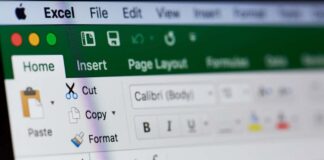 Closeup of Microsoft Excel app open on a computer with the Home tab selected. 