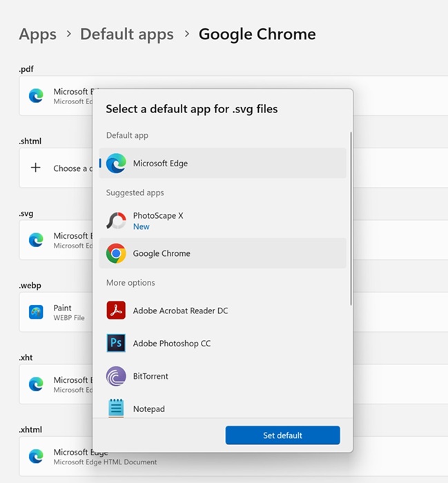 définir Google Chrome comme application par défaut pour les autres types de fichiers