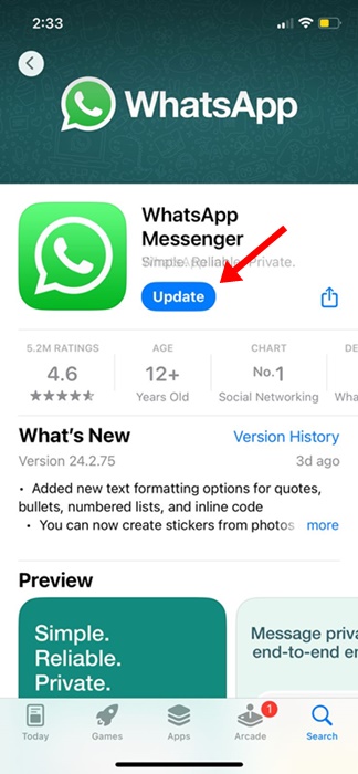 mettre à jour l'application WhatsApp