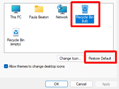 Restauration de l'icône par défaut de la corbeille (complète) dans Windows.