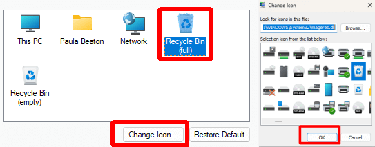 Modification de l'icône de la corbeille (complète) sous Windows.