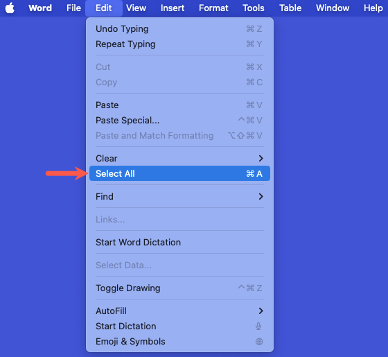 Sélectionnez Tout dans le menu Edition sur Mac