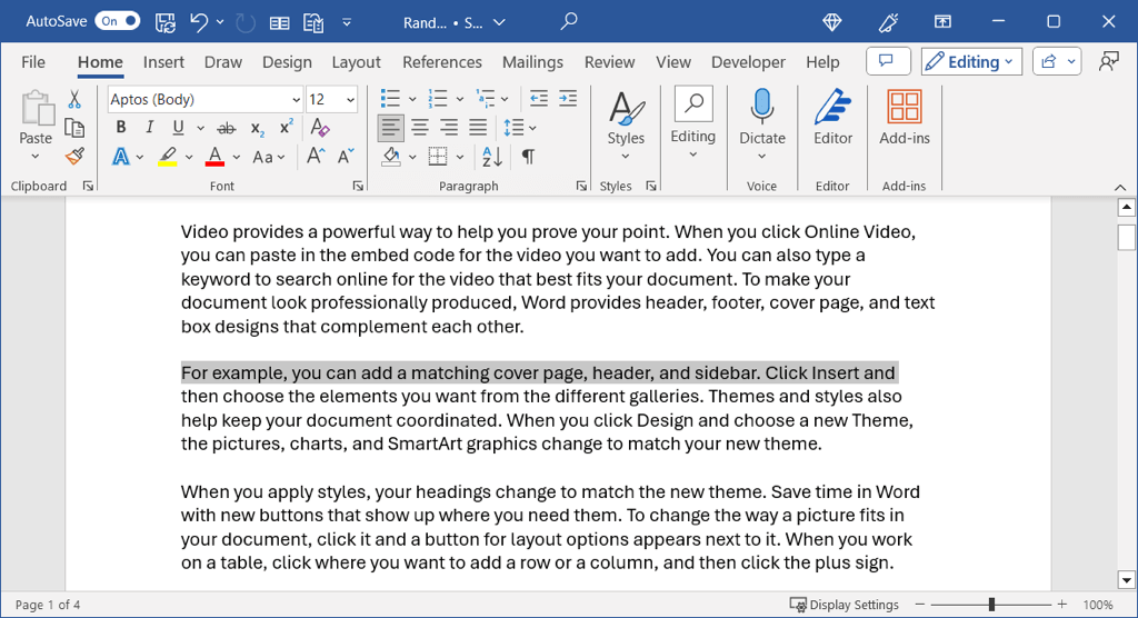 Une ligne sélectionnée dans Word