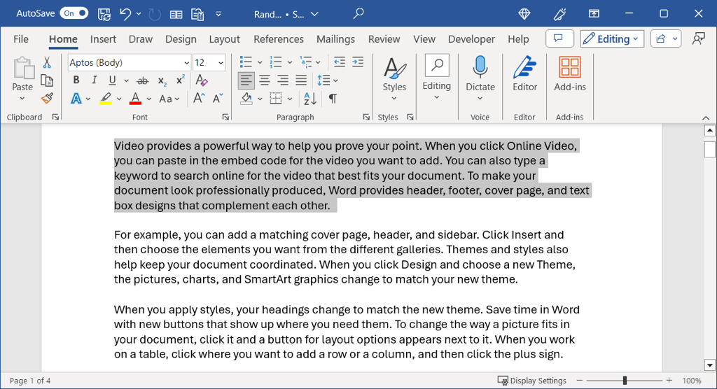 Un paragraphe sélectionné dans Word