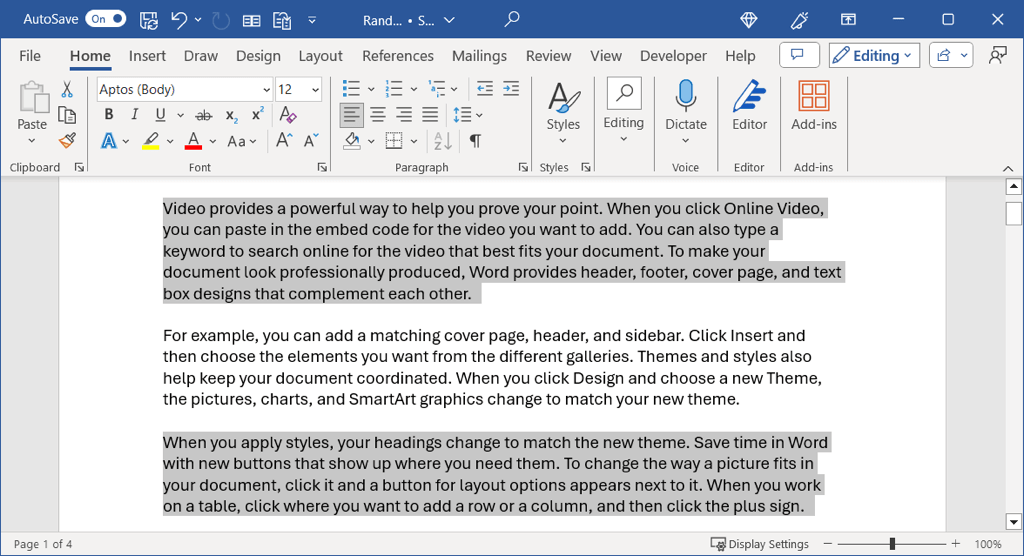 Deux paragraphes sélectionnés dans Word