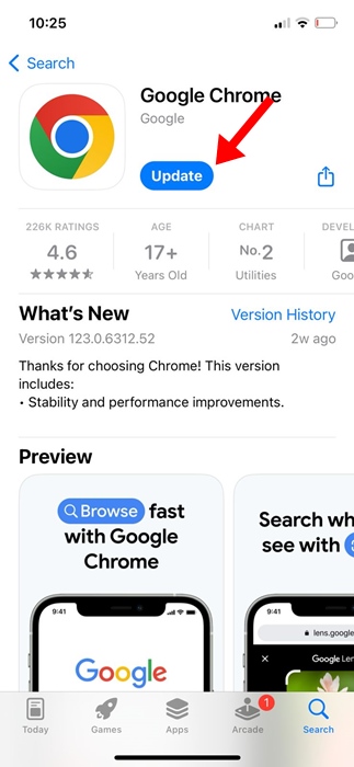 Mettre à jour le navigateur Chrome sur iPhone