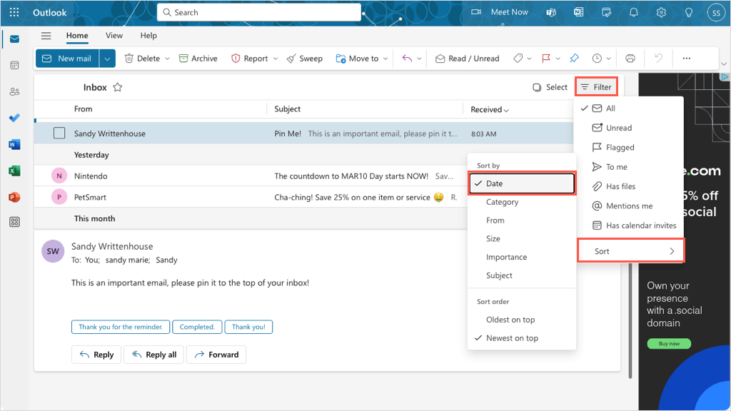 Trier par date sur Outlook.com