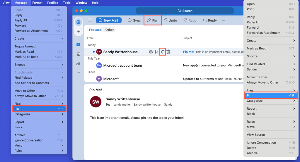 Options d’épinglage dans Outlook sur Mac
