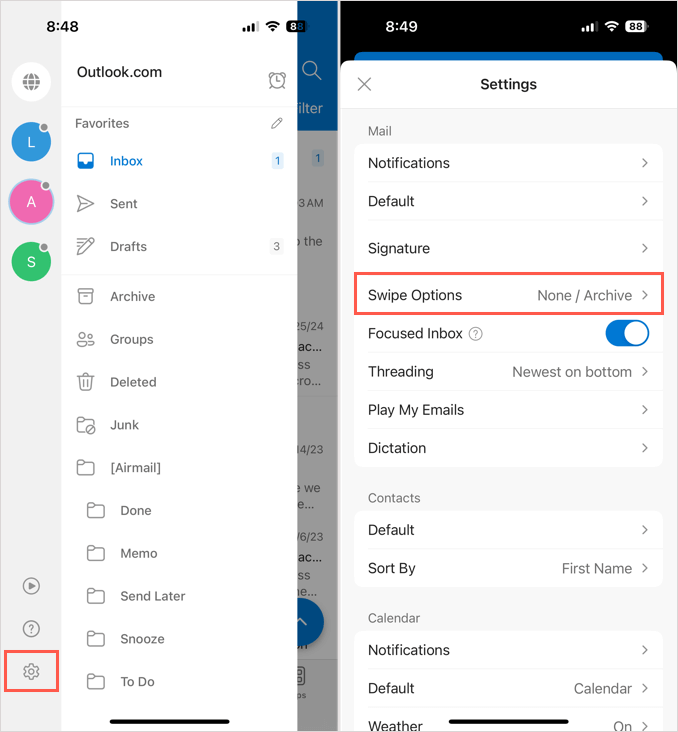 Paramètres et options de balayage dans Outlook sur mobile