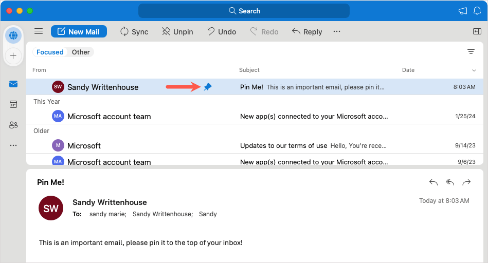 E-mail épinglé dans Outlook sur Mac
