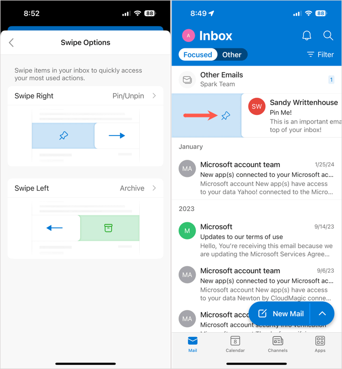 Épinglez un e-mail en le glissant dans Outlook sur mobile