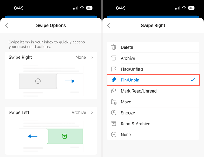 Épingler/Désépingler pour une action Swipe dans Outlook sur mobile