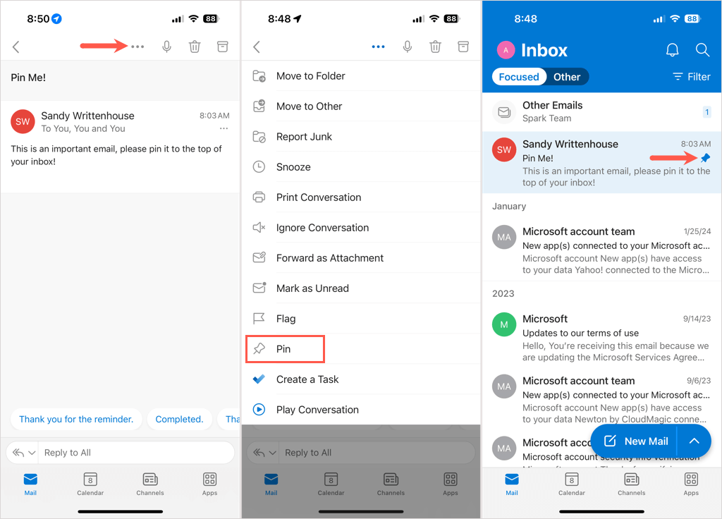 Épingler un e-mail dans Outlook sur mobile