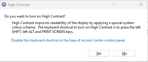 Voulez-vous activer le raccourci clavier à contraste élevé sous Windows.