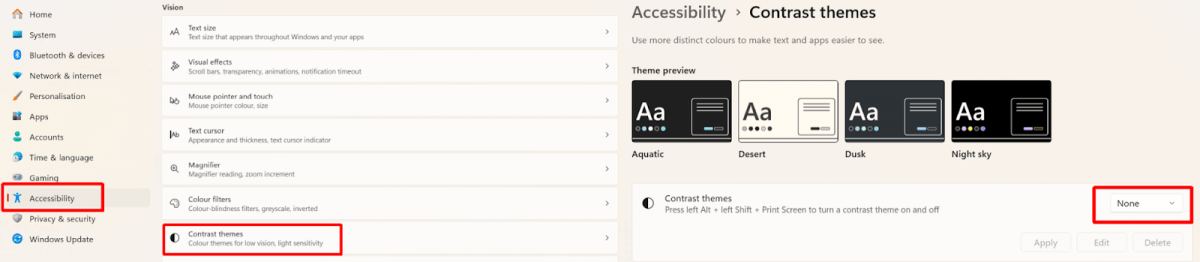 Thèmes contrastés dans les paramètres d’accessibilité sous Windows 11.