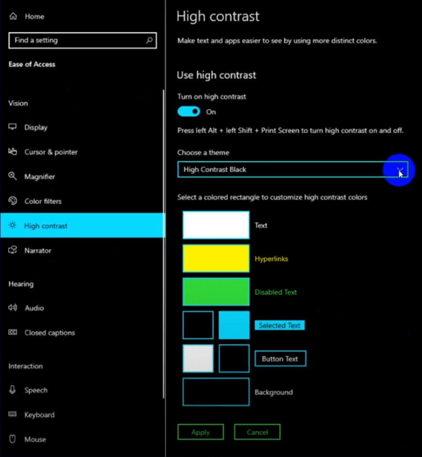 Activez le mode contraste élevé dans Windows 10.