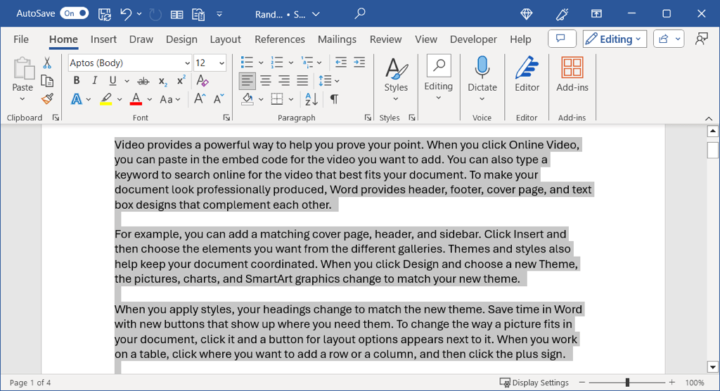 Tout le texte sélectionné dans Word