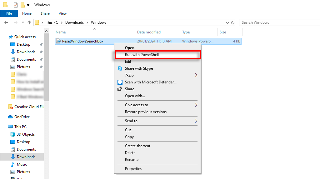 Cliquez avec le bouton droit sur ResetWindowsSearchBox et appuyez sur Exécuter avec PowerShell.