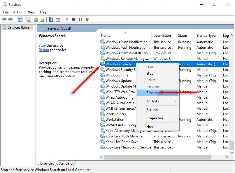 Cliquez avec le bouton droit sur Windows Search et sélectionnez Redémarrer