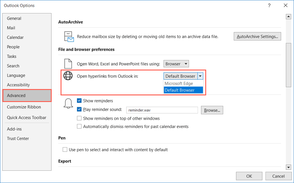 Options du navigateur par défaut dans Outlook sous Windows