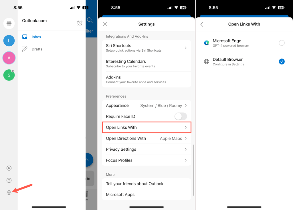 Options du navigateur par défaut dans les paramètres Outlook sur mobile